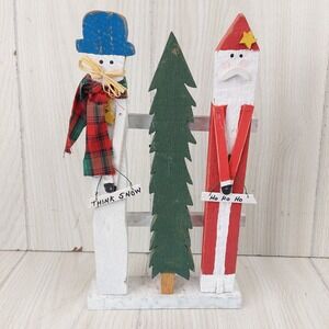 Vintage 1998 Rustic Wood Snowman Santa Christmas Tree Shelf Sitter Decor Holiday